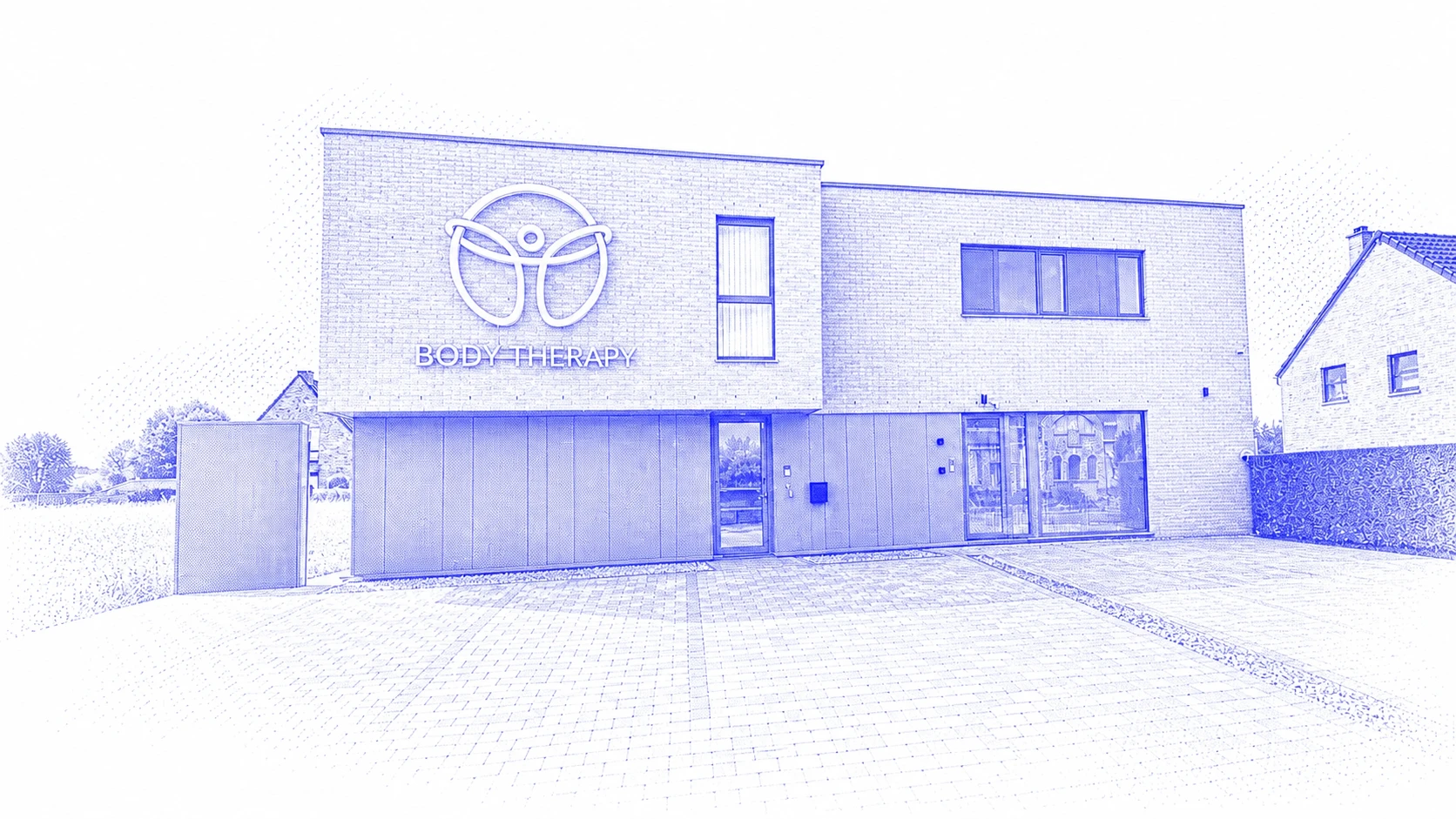 Interprétation graphique bleue du bâtiment Body Therapy à Sombreffe