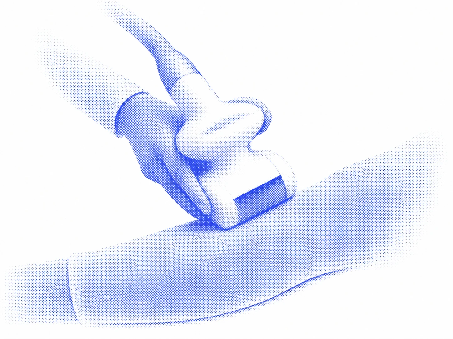 Interprétation graphique bleue d’un geste d’Endermologie® sur la jambe